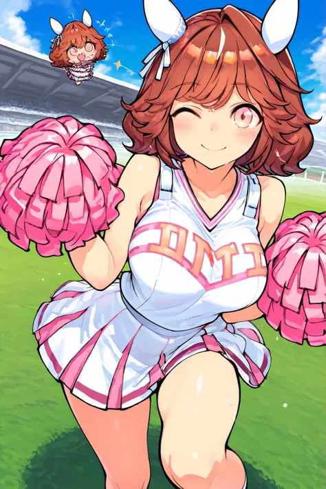Waste \(Uma Musume\),(((masterpiece))),(((details)))((Highest Quality)),((hyper details)),(beautiful),((Shiny rhinoceros)),(((about))),( High Definition ),((8k)),((high resolution)),pink and white cheerleader, Holding Large Pompoms in Both Hands, dynamic ...