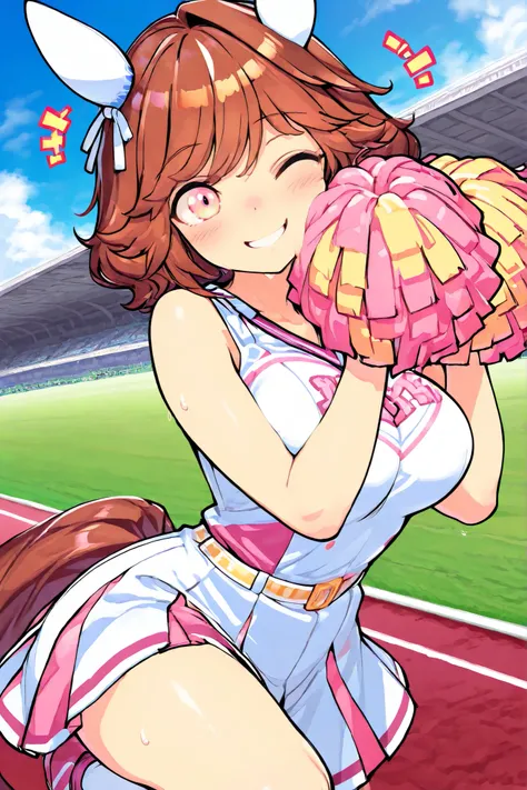 Waste \(Uma Musume\),(((masterpiece))),(((details)))((Highest Quality)),((hyper details)),(beautiful),((Shiny rhinoceros)),(((about))),( High Definition ),((8k)),((high resolution)),pink and white cheerleader, Holding Large Pompoms in Both Hands, dynamic ...