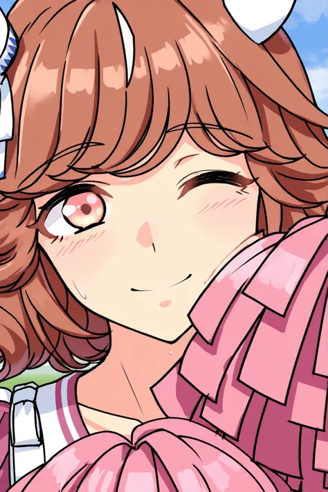 Waste \(Uma Musume\),(((masterpiece))),(((details)))((Highest Quality)),((hyper details)),(beautiful),((Shiny rhinoceros)),(((about))),( High Definition ),((8k)),((high resolution)),pink and white cheerleader, Holding Large Pompoms in Both Hands, dynamic ...