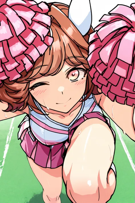 Waste \(Uma Musume\),(((masterpiece))),(((details)))((Highest Quality)),((hyper details)),(beautiful),((Shiny rhinoceros)),(((about))),( High Definition ),((8k)),((high resolution)),pink and white cheerleader, Holding Large Pompoms in Both Hands, dynamic ...