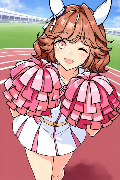 Waste \(Uma Musume\),(((masterpiece))),(((details)))((Highest Quality)),((hyper details)),(beautiful),((Shiny rhinoceros)),(((about))),( High Definition ),((8k)),((high resolution)),pink and white cheerleader, Holding Large Pompoms in Both Hands, dynamic ...