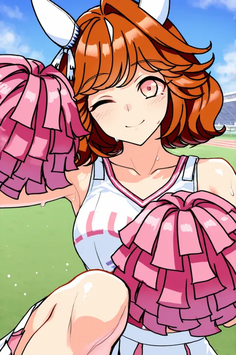 Waste \(Uma Musume\),(((masterpiece))),(((details)))((Highest Quality)),((hyper details)),(beautiful),((Shiny rhinoceros)),(((about))),( High Definition ),((8k)),((high resolution)),pink and white cheerleader, Holding Large Pompoms in Both Hands, dynamic ...