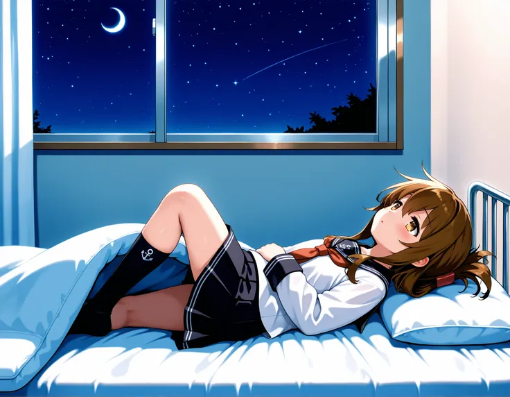 , inazuma \(kancolle\), brown hair, folded ponytail, long hair, brown eyes, anchor symbol, black sailor collar, long sleeves, neckerchief, school uniform, serafuku, pleated skirt, black skirt, black socks, Infirmary,bed,lie down on a futon,knee up, crescen...