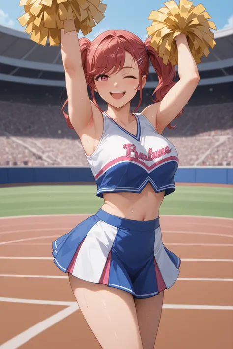 Waste \(Uma Musume\),(((masterpiece))),(((details)))((Highest Quality)),((hyper details)),(beautiful),((Shiny rhinoceros)),(((about))),( High Definition ),((8k)),((high resolution)),pink and white cheerleader, Holding Large Pompoms in Both Hands, dynamic ...