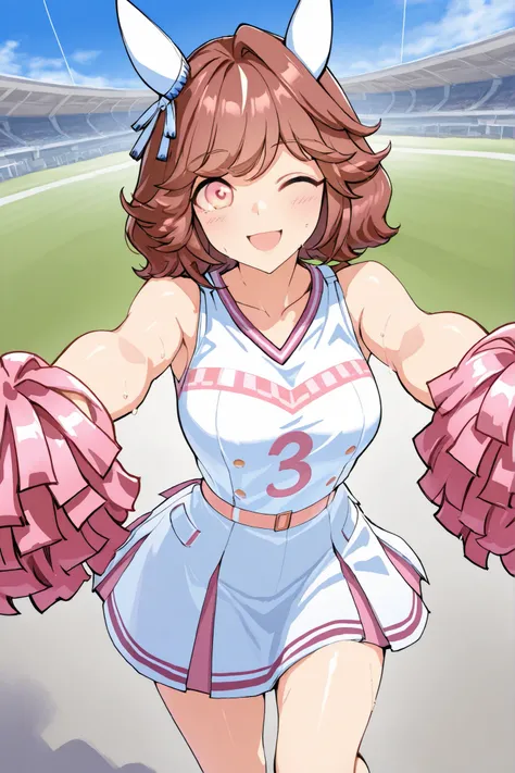 Waste \(Uma Musume\),(((masterpiece))),(((details)))((Highest Quality)),((hyper details)),(beautiful),((Shiny rhinoceros)),(((about))),( High Definition ),((8k)),((high resolution)),pink and white cheerleader, Holding Large Pompoms in Both Hands, dynamic ...