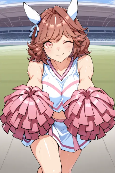 Waste \(Uma Musume\),(((masterpiece))),(((details)))((Highest Quality)),((hyper details)),(beautiful),((Shiny rhinoceros)),(((about))),( High Definition ),((8k)),((high resolution)),pink and white cheerleader, Holding Large Pompoms in Both Hands, dynamic ...