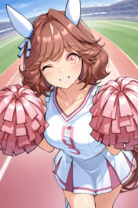 Waste \(Uma Musume\),(((masterpiece))),(((details)))((Highest Quality)),((hyper details)),(beautiful),((Shiny rhinoceros)),(((about))),( High Definition ),((8k)),((high resolution)),pink and white cheerleader, Holding Large Pompoms in Both Hands, dynamic ...