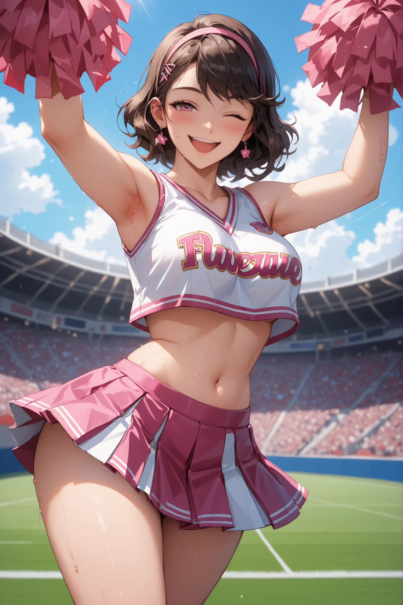 Waste \(Uma Musume\),(((masterpiece))),(((details)))((Highest Quality)),((hyper details)),(beautiful),((Shiny rhinoceros)),(((about))),( High Definition ),((8k)),((high resolution)),pink and white cheerleader, Holding Large Pompoms in Both Hands, dynamic ...