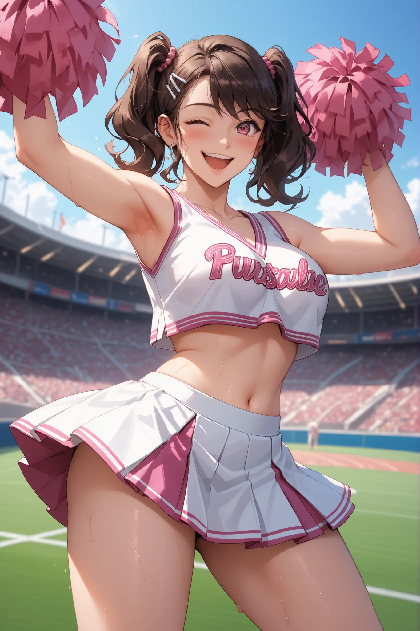 Waste \(Uma Musume\),(((masterpiece))),(((details)))((Highest Quality)),((hyper details)),(beautiful),((Shiny rhinoceros)),(((about))),( High Definition ),((8k)),((high resolution)),pink and white cheerleader, Holding Large Pompoms in Both Hands, dynamic ...