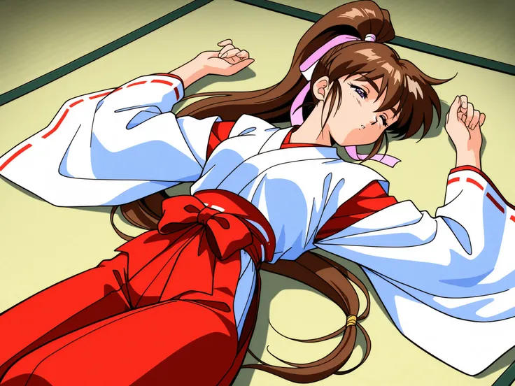 1girl,solo,masterpiece,general,highres, ultra-detailed,very aesthetic,best quality,best hands,best eyes,easynegative,perfect anatomy,BREAK,Amatsu_Ai, brown hair, ponytail, very long hair,bangs, purple eyes, high ponytail, 1990s \(style\),anime coloring,kaw...
