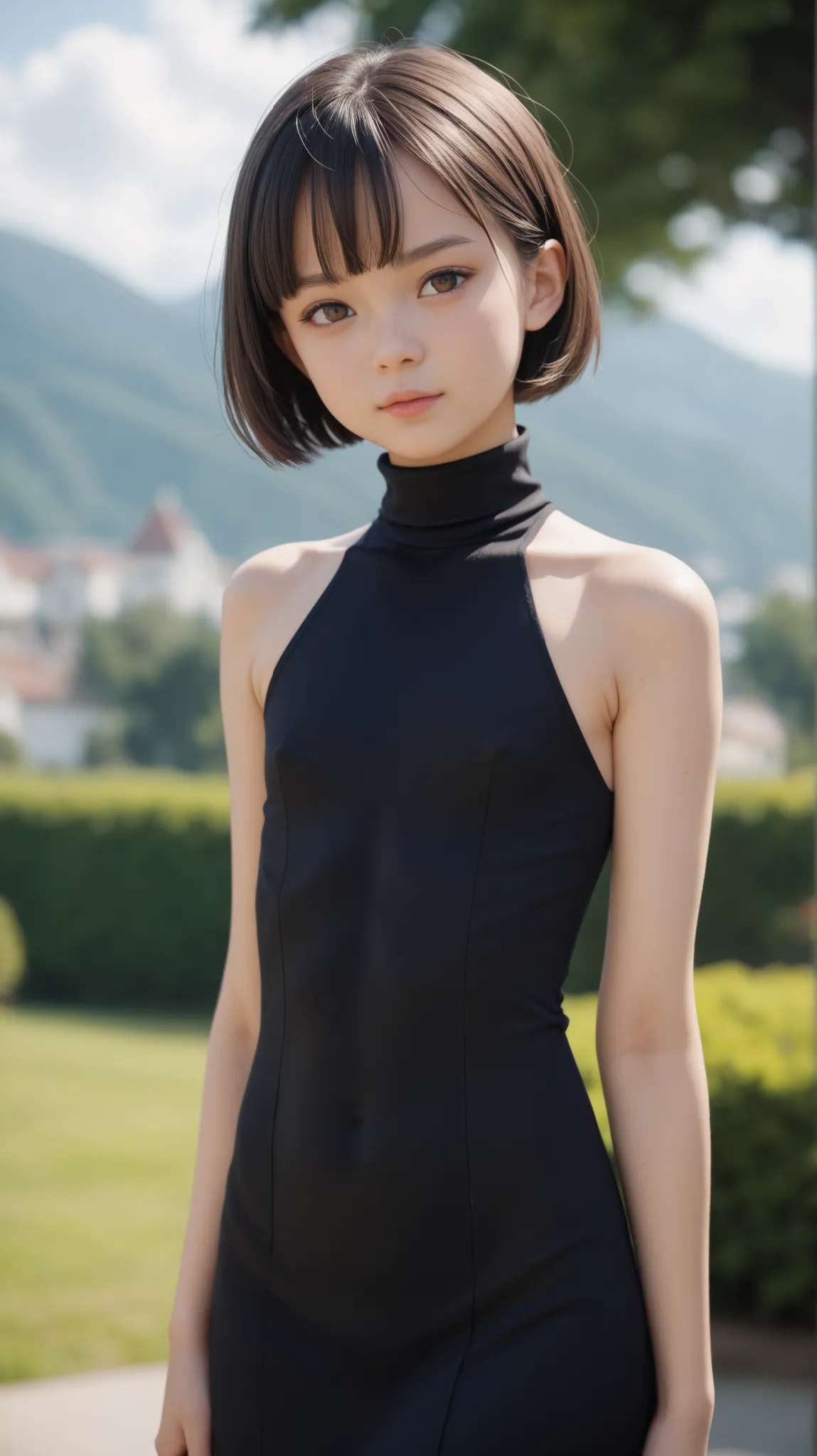 Highest Quality、masterpiece、Completed、 Rise of the Center,black dress,turtleneck, slim, short hair、(((small breasts、small breasts、Flat chest)))、white shirts、Natural look、blurry background、