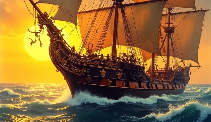  1950s, Image depicts a majestic, intricately designed sailing ship navigating through the ocean. The ship features a prominent dragon-shaped figurehead at the bow, with ornate carvings along the hull. The sails are unfurled, capturing the wind, and are ad...