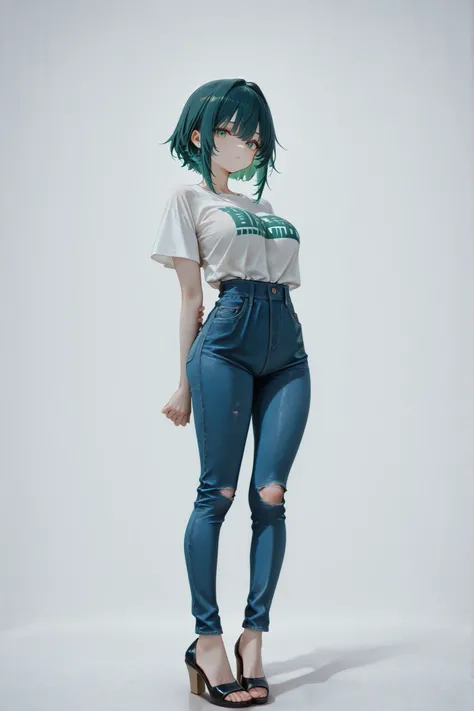 female, long dull green hair, green eyes, D-cup sized breasts, V-cut shirt, dark blue jeans, semi heels, white studio, blank background