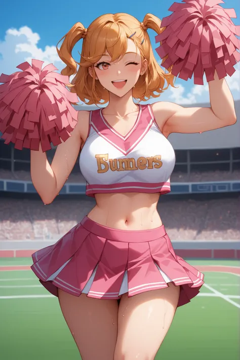 Waste \(Uma Musume\),(((masterpiece))),(((details)))((Highest Quality)),((hyper details)),(beautiful),((Shiny rhinoceros)),(((about))),( High Definition ),((8k)),((high resolution)),pink and white cheerleader, Holding Large Pompoms in Both Hands, dynamic ...