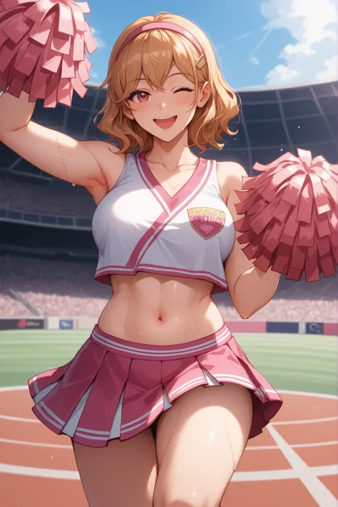 Waste \(Uma Musume\),(((masterpiece))),(((details)))((Highest Quality)),((hyper details)),(beautiful),((Shiny rhinoceros)),(((about))),( High Definition ),((8k)),((high resolution)),pink and white cheerleader, Holding Large Pompoms in Both Hands, dynamic ...