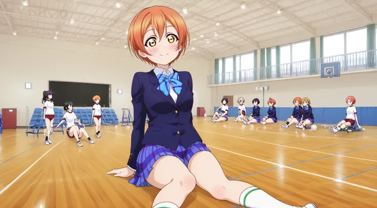1girl,unwellness hoshizora rin, striped, short hair, blush, otonokizaka school uniform, lovelive_rin black blazer, blue plaid skirt, blue stripe bowtie, orange hair, very short hair, hair between eyes, yellow green eyes,sitting on the floor grasping one's ...