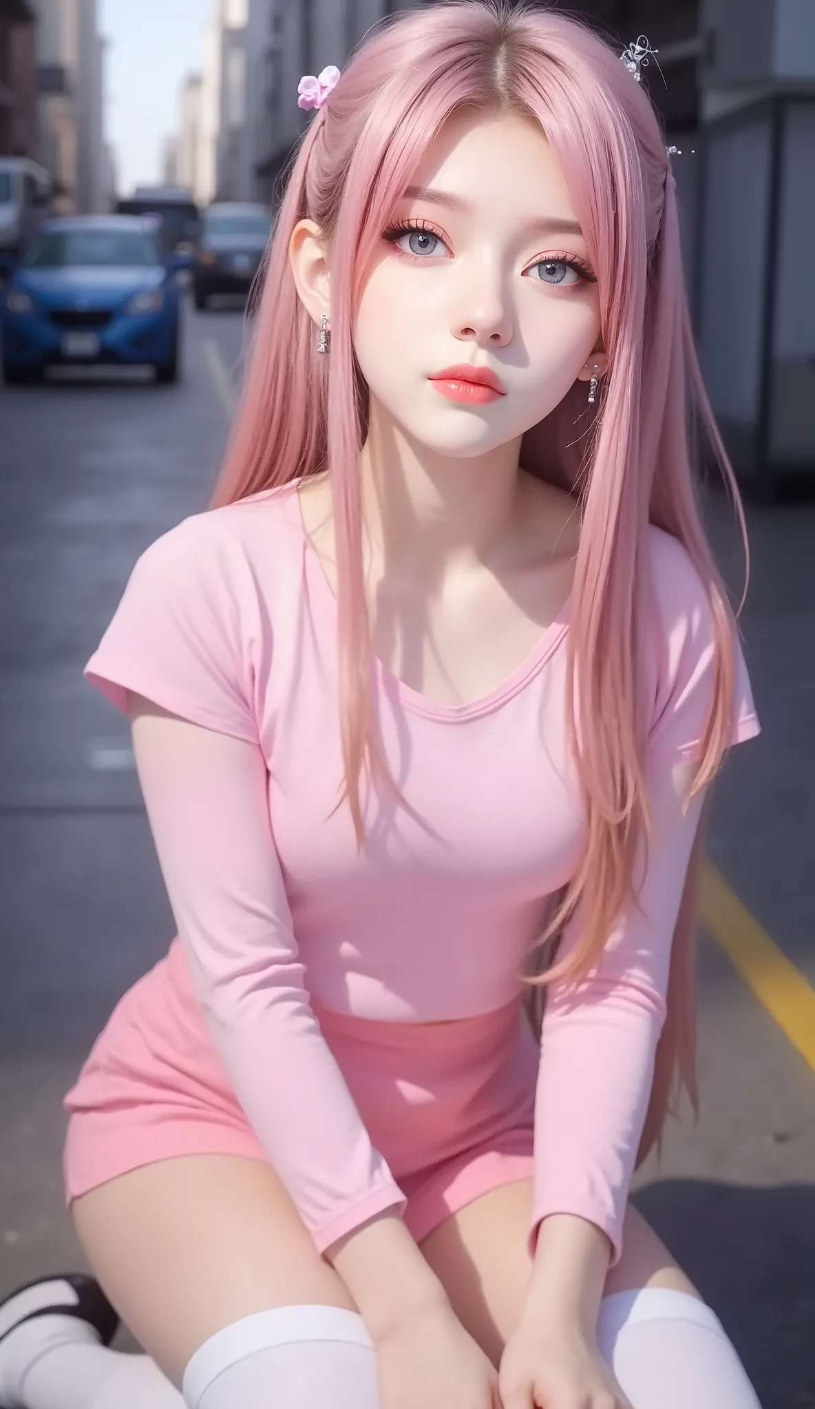 1girl, (masterpice), best quality, high quality, high detailed, perfect body,perfect_face, high_detailed_face, realism face, good body, big_ass, small_breasts, green_eyes, breasts, hair ornament, purple_eyeshadow, pink_hair, makeup ,long_hair, lipstick ,bl...