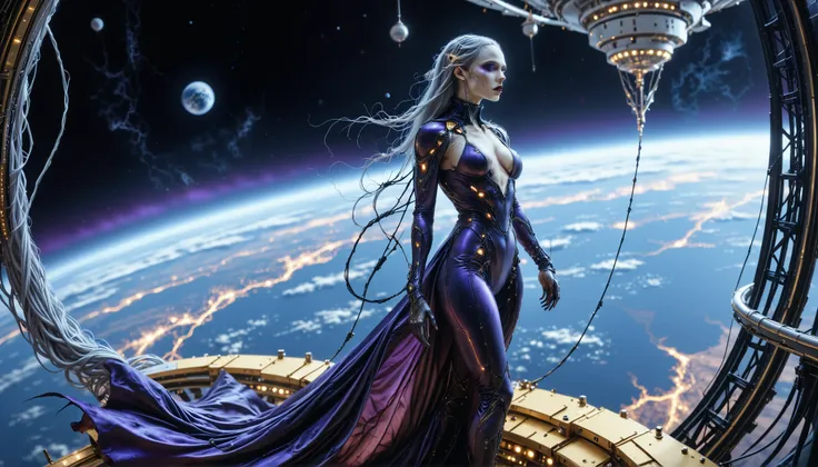 cybernetic corruption, seductive cybernatic vampire, Space Elevator Platform: Vampire with long silver braids, violet cyber‑eyes, in a high‑collar metallic gown. She steps onto a platform approaching orbit, the curve of Earth visible behind her.