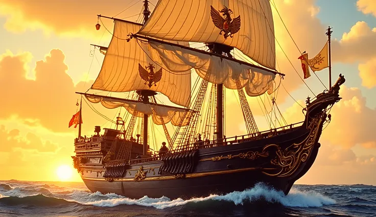  1950s,side angle wide view Image depicts a majestic, intricately designed sailing ship navigating through the ocean. The ship features a prominent dragon-shaped figurehead at the bow, with ornate carvings along the hull. The sails are unfurled, capturing ...