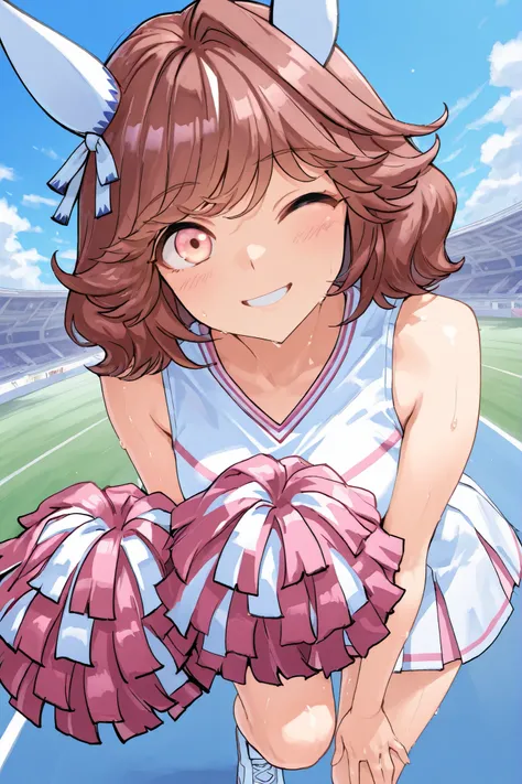Waste \(Uma Musume\),(((masterpiece))),(((details)))((Highest Quality)),((hyper details)),(beautiful),((Shiny rhinoceros)),(((about))),( High Definition ),((8k)),((high resolution)),pink and white cheerleader, Holding Large Pompoms in Both Hands, dynamic ...