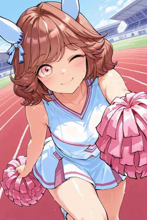 Waste \(Uma Musume\),(((masterpiece))),(((details)))((Highest Quality)),((hyper details)),(beautiful),((Shiny rhinoceros)),(((about))),( High Definition ),((8k)),((high resolution)),pink and white cheerleader, Holding Large Pompoms in Both Hands, dynamic ...