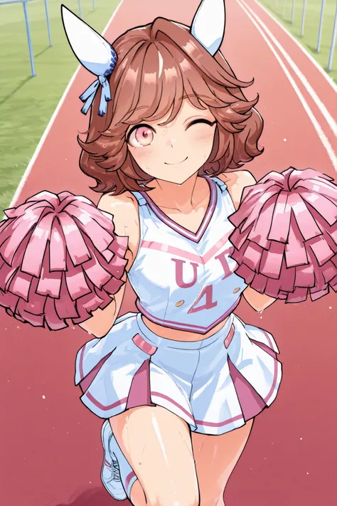 Waste \(Uma Musume\),(((masterpiece))),(((details)))((Highest Quality)),((hyper details)),(beautiful),((Shiny rhinoceros)),(((about))),( High Definition ),((8k)),((high resolution)),pink and white cheerleader, Holding Large Pompoms in Both Hands, dynamic ...