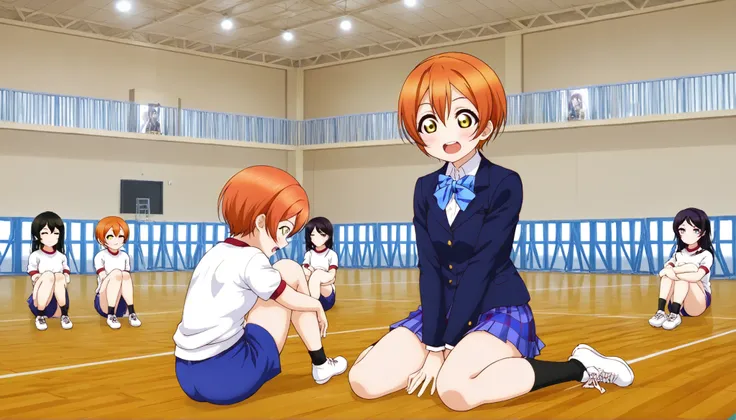 1girl,unwellness,hoshizora rin, striped, short hair, blush, otonokizaka school uniform, lovelive_rin black blazer, blue plaid skirt, blue stripe bowtie, orange hair, very short hair, hair between eyes, yellow green eyes,sitting on the floor grasping one's ...