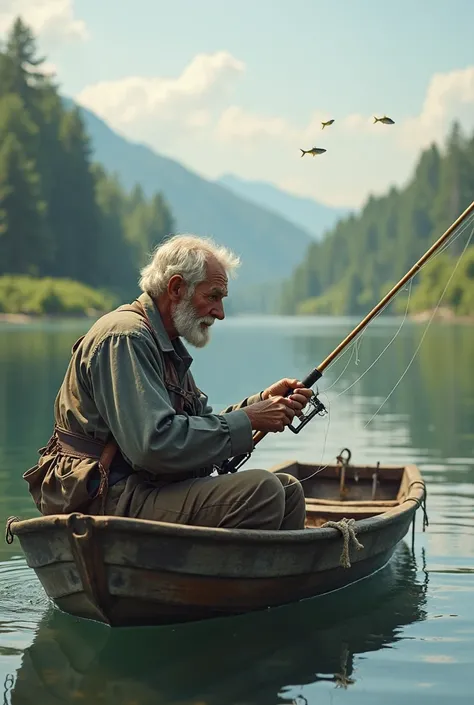 A real 70-year-old man on a boat fishing fish in the middle of a river\ 