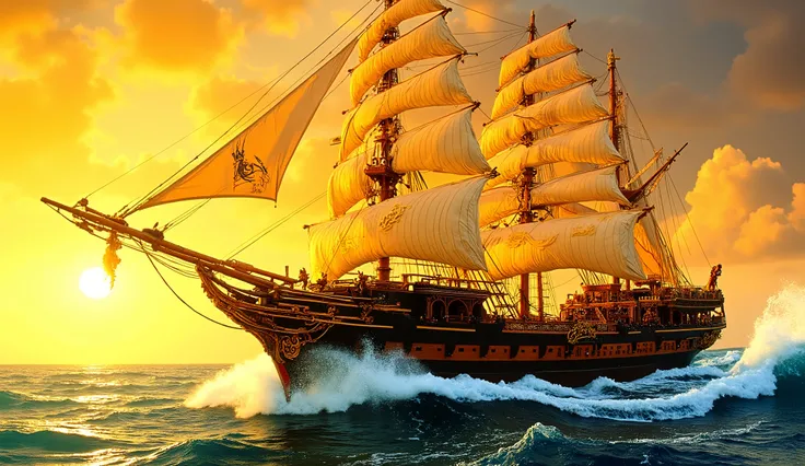 1950s, side angle view Image depicts a majestic, intricately designed sailing ship navigating through the ocean. The ship features a prominent dragon-shaped figurehead at the bow, with ornate carvings along the hull. The sails are unfurled, capturing the w...
