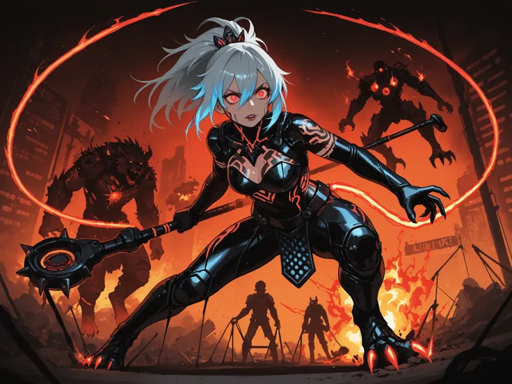 Create a cinematic, hyper-detailed scene centered on a fierce battle between a striking warrior woman with bronze skin, platinum hair covering her left eye, full lips, and a body adorned with intricate black geometric tattoos (symmetrical lines, dots, and ...