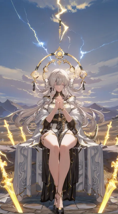Create a mystical and serene scene with an image of a serene figure sit cross-legged with hands clasped together and chant mantras, surrounded by swirling energy and soft, glowing lightning. There are yellow characters floating around the character. The fi...