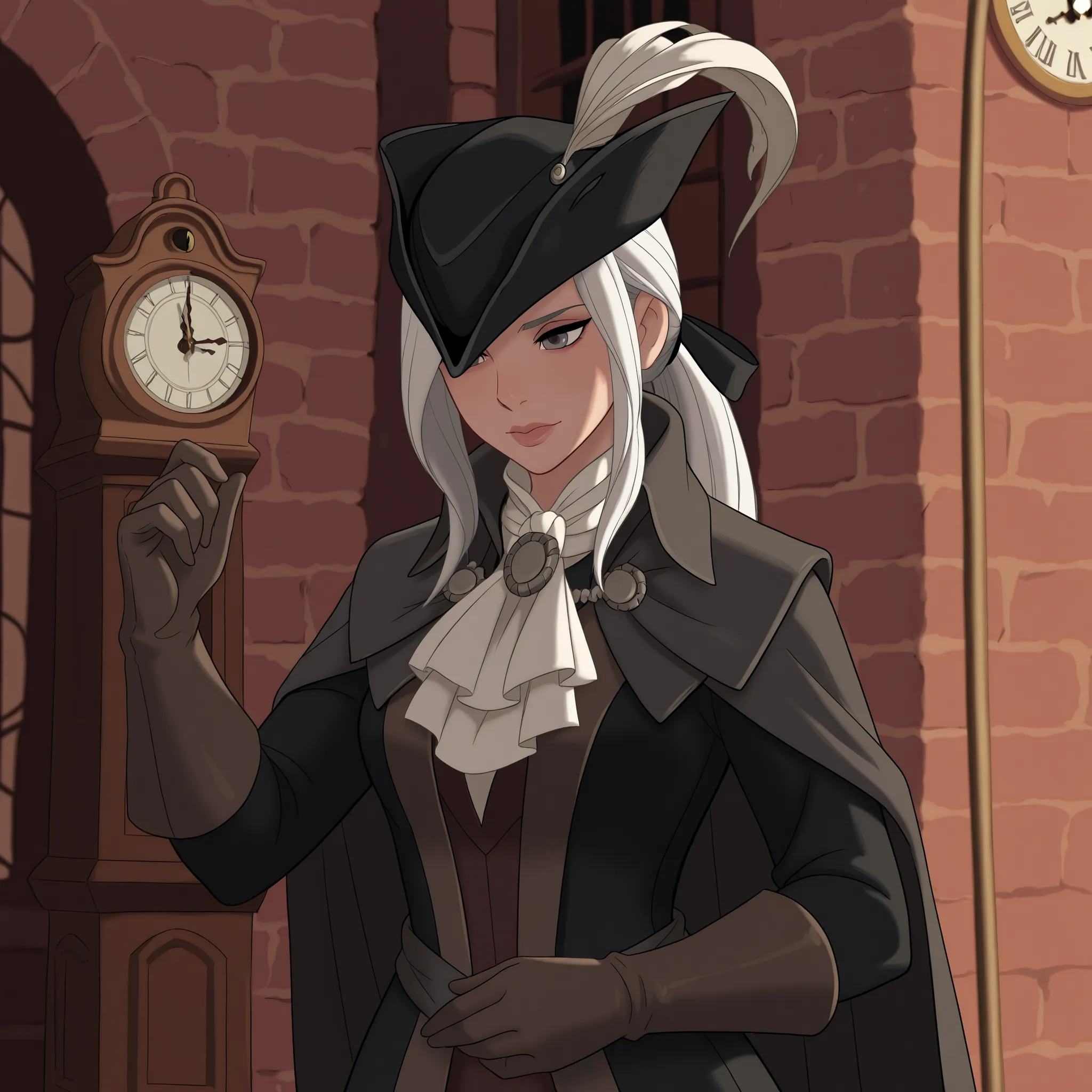 masterpiece, best quality, DisneyClassics disney Lady Maria
White hair, grey eyes, tricorne, gloves, hat feather, ascot, ponytail, cape, outside a clock tower