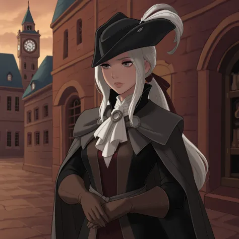 masterpiece, best quality, DisneyClassics disney Lady Maria
White hair, grey eyes, tricorne, gloves, hat feather, ascot, ponytail, cape, outside a clock tower