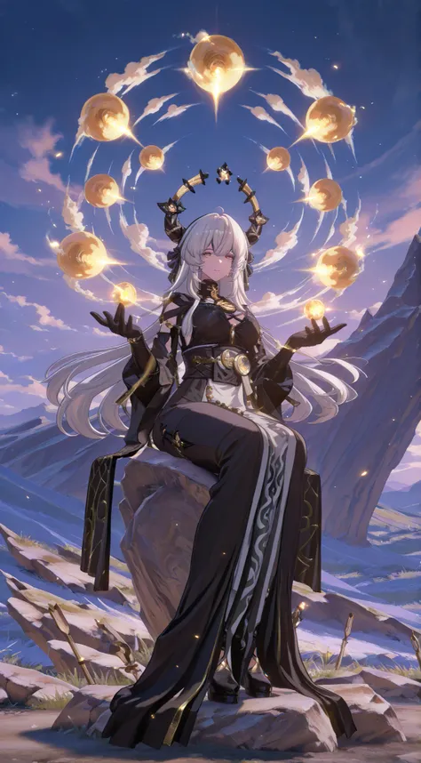 Create a mystical and serene scene with an image of a serene figure sitting on a large rock, surrounded by swirling energy and soft, glowing light. The figure has medium-length, flowing white hair and is adorned with elegant, ornate robes in gold and white...