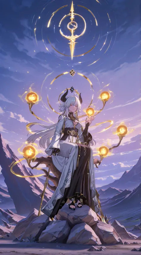 Create a mystical and serene scene with an image of a serene figure sitting on a large rock, surrounded by swirling energy and soft, glowing light. The figure has medium-length, flowing white hair and is adorned with elegant, ornate robes in gold and white...