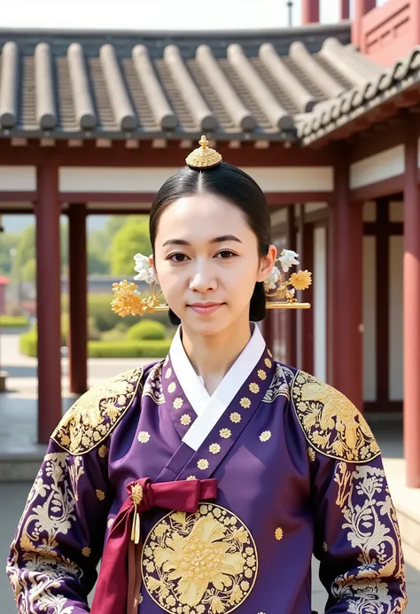 [CHARACTER: Traditional Korean Woman]  
Appearance: A beautiful Korean woman with soft, elegant features and fair skin.  
Outfit: Wearing a traditional **purple hanbok** with intricate embroidery and gold details. The hanbok features wide sleeves and a lon...