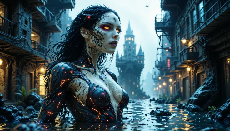 cybernetic corruption, seductive cybernatic vampire, Submerged City Ruins: Vampire with wet midnight hair, sapphire ocular implants, wearing a seal‑skin bodysuit. She swims through a flooded, neon‑lit street, alone under the waves.