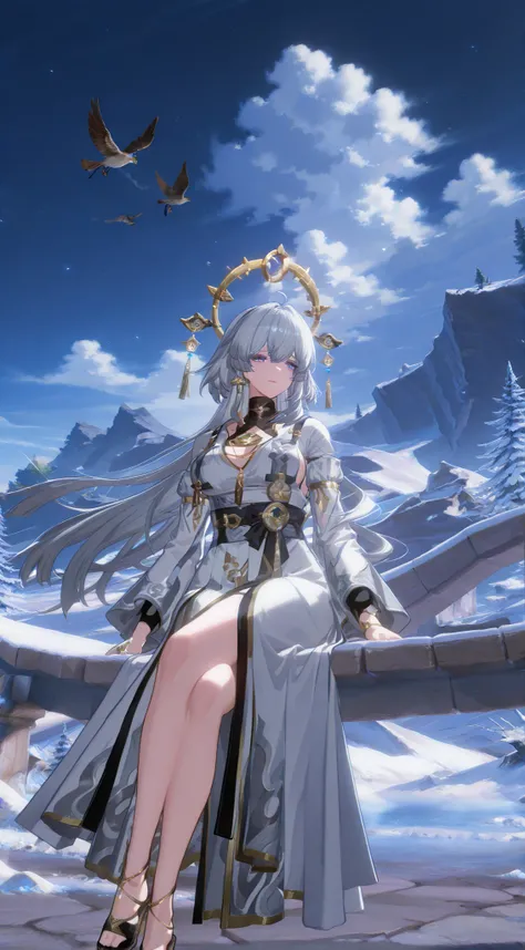 Create a mystical scene featuring a serene figure dressed in flowing white robes, sitting cross-legged on a bridge amidst an ethereal landscape. The figure has long, silvery hair and delicate ornamentation, embodying a sense of tranquility and wisdom. Surr...