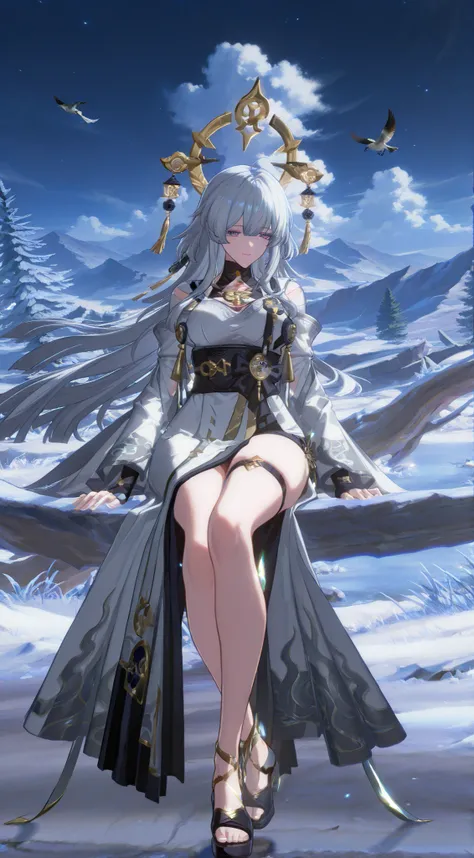 Create a mystical scene featuring a serene figure dressed in flowing white robes, sitting cross-legged on a bridge amidst an ethereal landscape. The figure has long, silvery hair and delicate ornamentation, embodying a sense of tranquility and wisdom. Surr...