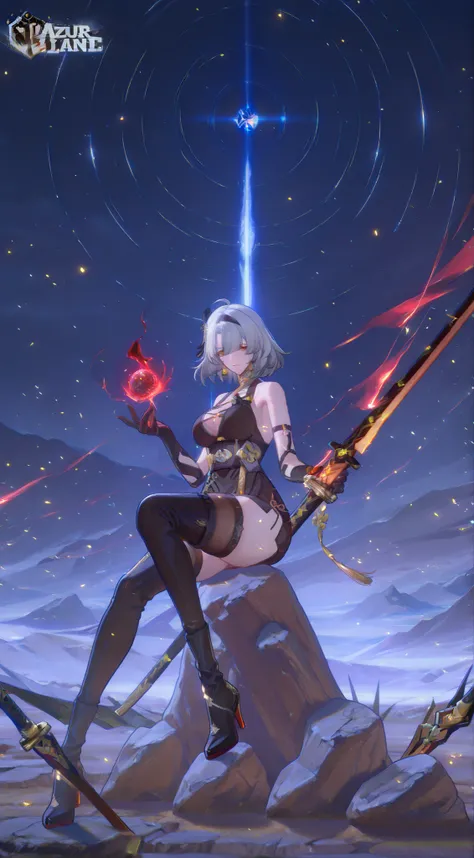 anime girl sitting on a rock with a sword in her hand, azur lane style, from girls frontline, cushart krenz key art feminine, from the epic seven videogame, characters from epic seven, from epic seven, full body xianxia, full portrait of elementalist, high...