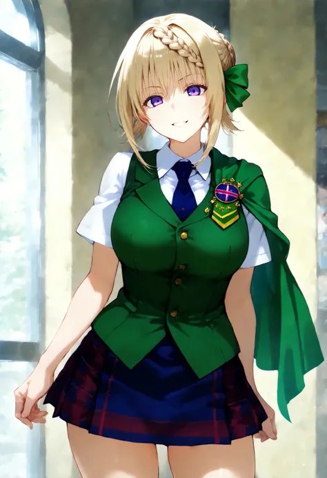 score_9, score_8_up, score_7_up, source_anime, masterpiece, absurd, perfect face, alone かわいい expression, perfect face,  , 1 girl on break day, alone,  Slender Body,  , bright eyes, Cleft lip,  Smile, .Perth KC,short hair, uniform, hair bow, white shirts, b...