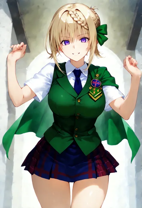score_9, score_8_up, score_7_up, source_anime, masterpiece, absurd, perfect face, alone かわいい expression, perfect face,  , 1 girl on break day, alone,  Slender Body,  , bright eyes, Cleft lip,  Smile, .Perth KC,short hair, uniform, hair bow, white shirts, b...
