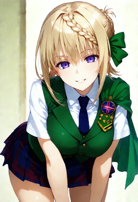 score_9, score_8_up, score_7_up, source_anime, masterpiece, absurd, perfect face, alone かわいい expression, perfect face,  , 1 girl on break day, alone,  Slender Body,  , bright eyes, Cleft lip,  Smile, .Perth KC,short hair, uniform, hair bow, white shirts, b...