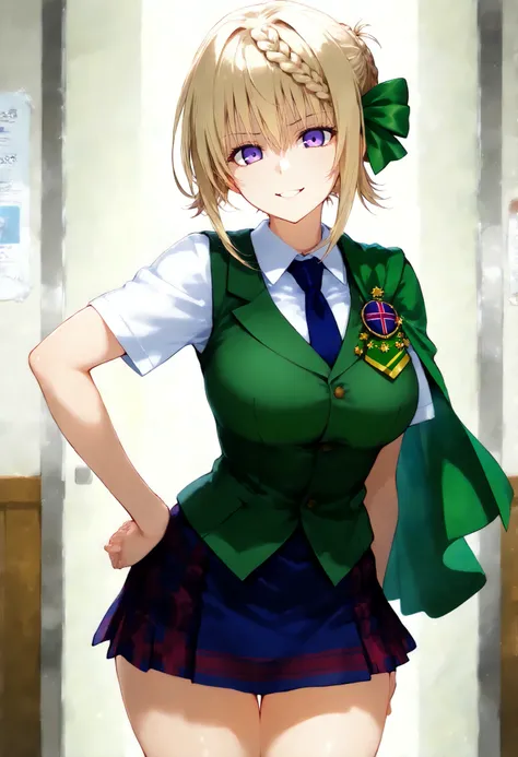 score_9, score_8_up, score_7_up, source_anime, masterpiece, absurd, perfect face, alone かわいい expression, perfect face,  , 1 girl on break day, alone,  Slender Body,  , bright eyes, Cleft lip,  Smile, .Perth KC,short hair, uniform, hair bow, white shirts, b...