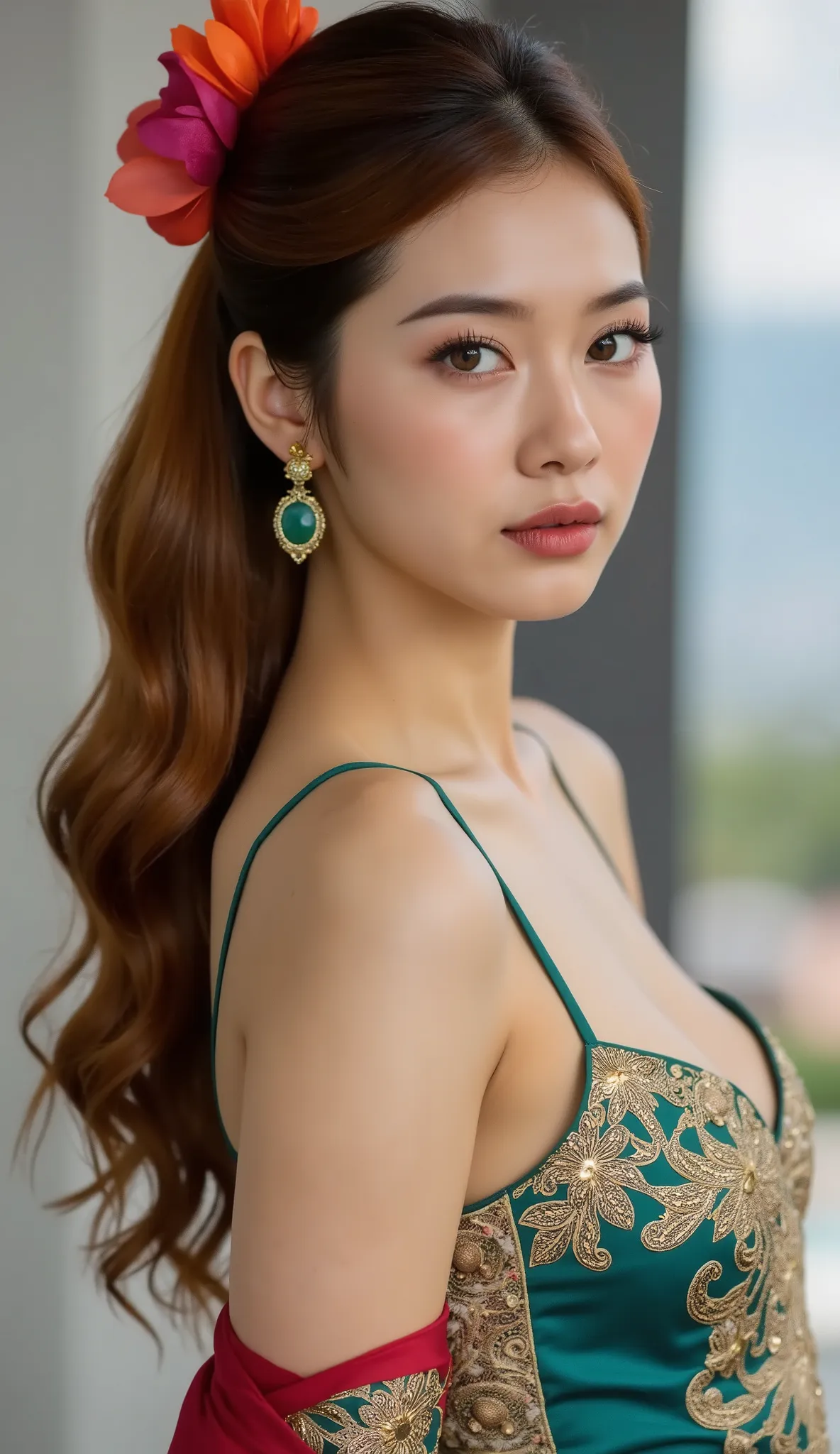 (absurdres, highres, ultra detailed), 1girl, zodiac sign - Aries goddess , solo, mature, Baroque, long dress, long sleeve, elegant, colorful, highest detailed, upper body , sunset hair . Fire eyes . Brave, willful, productive, enterprising humanitarian fac...