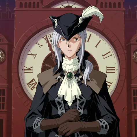 neon_genesis_evangelion_style, retro Lady Maria White hair, grey eyes, tricorne, gloves, hat feather, ascot, ponytail, cape, outside a clock tower