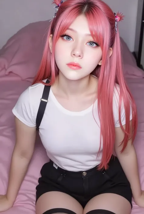 1girl, (masterpice), best quality, high quality, high detailed, perfect body,perfect_face, high_detailed_face, realism face, good body, big_ass, small_breasts, green_eyes, breasts, hair ornament, purple_eyeshadow, pink_hair, makeup ,long_hair, lipstick ,bl...
