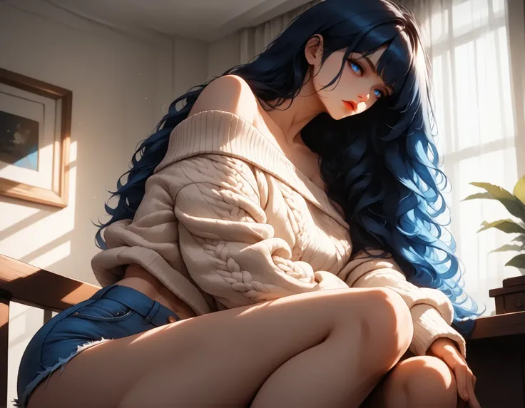 (masterpiece:1.2), (best quality:1.2), ultra detailed, 8k, watercolor, cinematic lighting, volumetric_lighting, rim light, soft shadows, ((forced_perspective)), (Diminishing scale perspective:1.3) BREAK (living_room, indoors, solo, sitting, from_side, uppe...