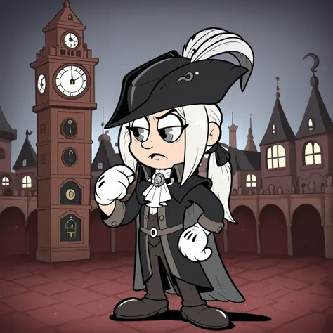 Rubberhose, toon \(style\) Lady Maria White hair, grey eyes, tricorne, gloves, hat feather, ascot, ponytail, cape, outside a clock tower