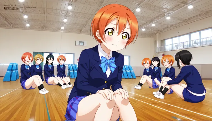 1girl,hoshizora rin, striped, short hair, blush, otonokizaka school uniform, lovelive_rin black blazer, blue plaid skirt, blue stripe bowtie, orange hair, very short hair, hair between eyes, yellow green eyes,sitting on the floor grasping one's knees (as i...